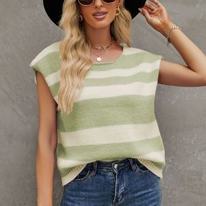 STRIPED ROUND NECK CAP SLEEVE KNIT TOP